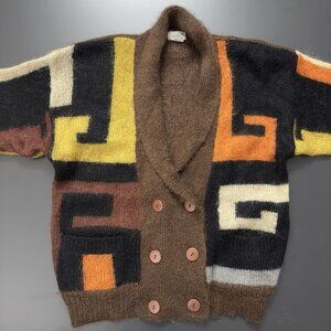 Vintage 70s Linden O Cardigan Mohair Sweater MCM Brown Geometric Oversized L‎